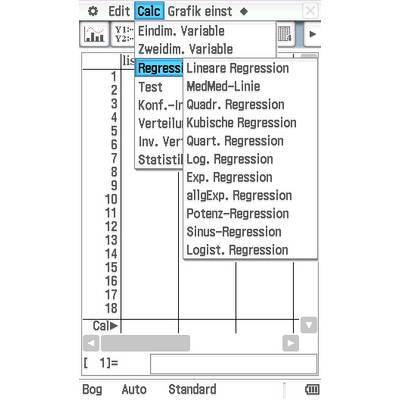 Ein Menü zeigt Regressionsoptionen in einem Mathematikprogramm, darunter lineare, quadratische und logistische Regression.