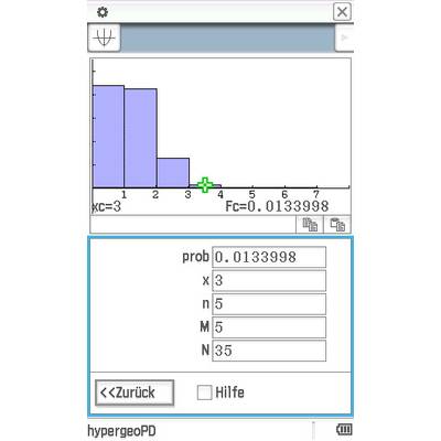 Histogramm mit Ergebnissen einer Hypergeometrischen Verteilung. Zeigt die Wahrscheinlichkeitsberechnung für x=3 mit einer Wahrscheinlichkeit von 0,0133998.