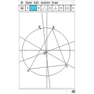 Kreis mit Punkten A, B, C, D, E. Linien verbinden die Punkte und schneiden sich im Kreisinneren, bilden geometrische Formen.