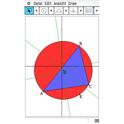Kreisdiagramm mit einem blauen Dreieck ABC innerhalb eines roten Kreises. Linien durch D verbinden die Ecken und den Mittelpunkt.