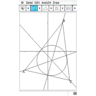 Geometrische Zeichnung: Ein Kreis mit einem Inkreis in einem Dreieck ABC, verbunden durch Linien zu den Ecken, dargestellt in einem Programmfenster.