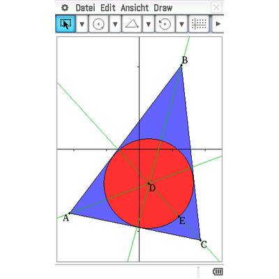 Dreieck ABC mit einem blauen Hintergrund, einem roten Kreis in der Mitte, und den Punkten A, B, C und D, die das Dreieck markieren.