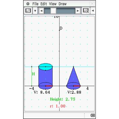 Grafik mit einem Zylinder und einem Kegel, beide mit blauem Volumen. Angaben: Höhe 2.75, Radius 1.00; Volumen Zylinder: 8.64, Kegel: 2.88.
