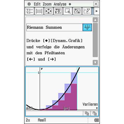 Mathematische Software-Benutzeroberfläche zeigt Riemann-Summen mit Diagramm: schwarze Kurve, blaue und rote Balken unten, Textanweisungen zur Nutzung.