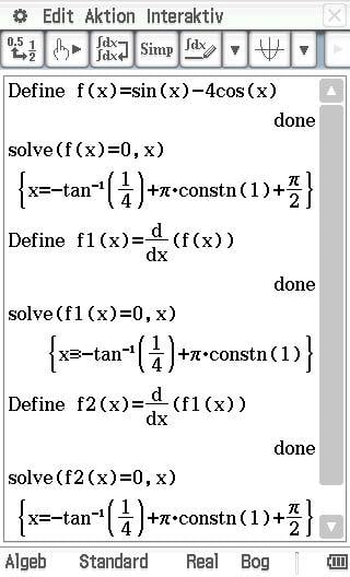 Ein Bildschirmfoto zeigt die Lösung einer mathematischen Aufgabe mit Funktionen und Ableitungen in einer Software.