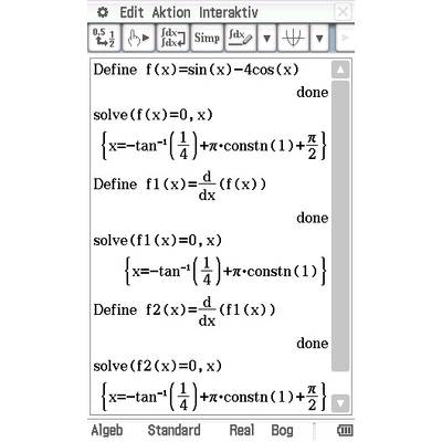 Ein Bildschirmfoto zeigt die Lösung einer mathematischen Aufgabe mit Funktionen und Ableitungen in einer Software.