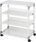 Weißes Regal mit vier offenen Regalböden und Rollen an der Unterseite, geeignet für flexible und mobile Lagerung.