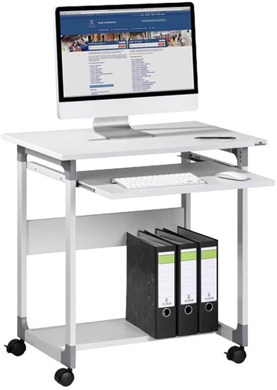 Ein kompakter Computertisch mit einer Schublade für die Tastatur. Auf dem Tisch steht ein Bildschirm, darunter befinden sich Ordner.