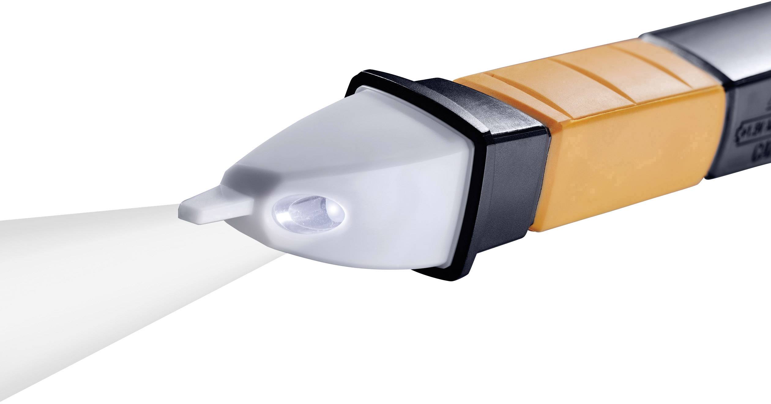 Elektrischer Spannungsprüfer mit leuchtender Spitze, orange und schwarz, zur Erkennung von elektrischer Spannung in Kabeln.