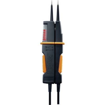 Elektrischer Spannungsprüfer mit digitaler Anzeige und zwei Messspitzen. Gerät zeigt Spannungswerte in roten LED-Leuchten an.