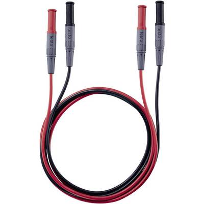 Zwei Messkabel mit roten und schwarzen Steckern. Sie sind für elektrische Testzwecke geeignet. Die Stecker sind mit 'Testo' beschriftet.