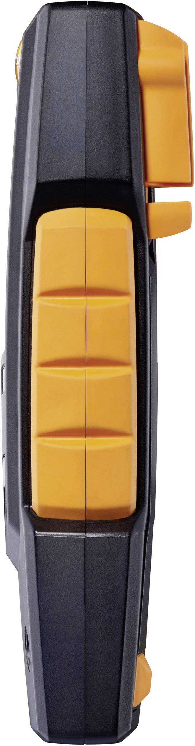 Ein schwarzes Gerät mit orangefarbenen Knöpfen, möglicherweise ein Handwerks- oder Messwerkzeug, Seitenansicht.