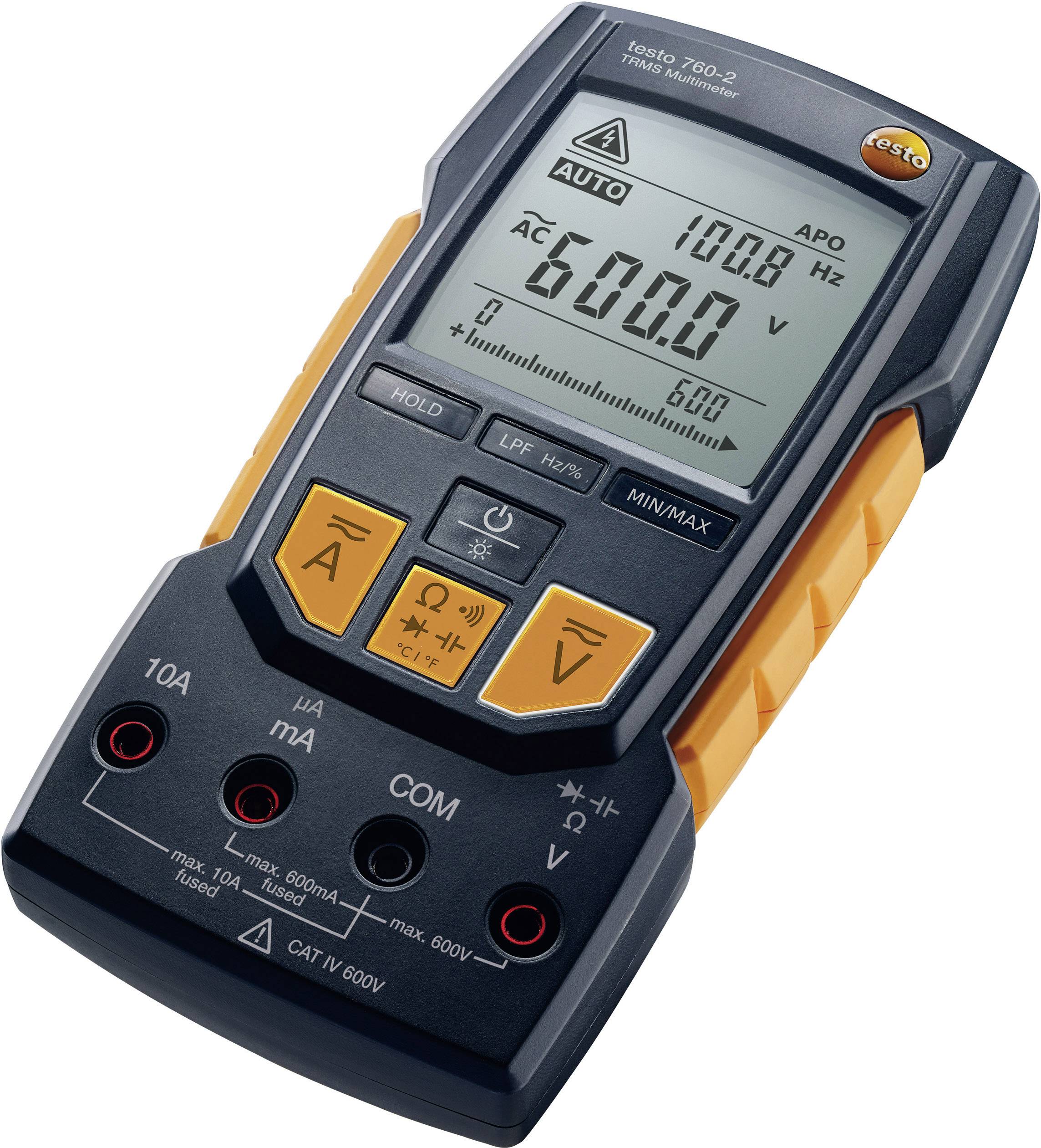 Digital-Multimeter mit großem Display, zeigt 108,0 A und 600,0 V an. Enthält Funktionen für Strom-, Spannungs- und Widerstandsmessung.