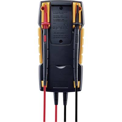 Ein digitales Multimeter von hinten gezeigt, mit zwei eingesteckten Messleitungen in Rot und Schwarz. Das Gerät hat eine gelbe Umrahmung.