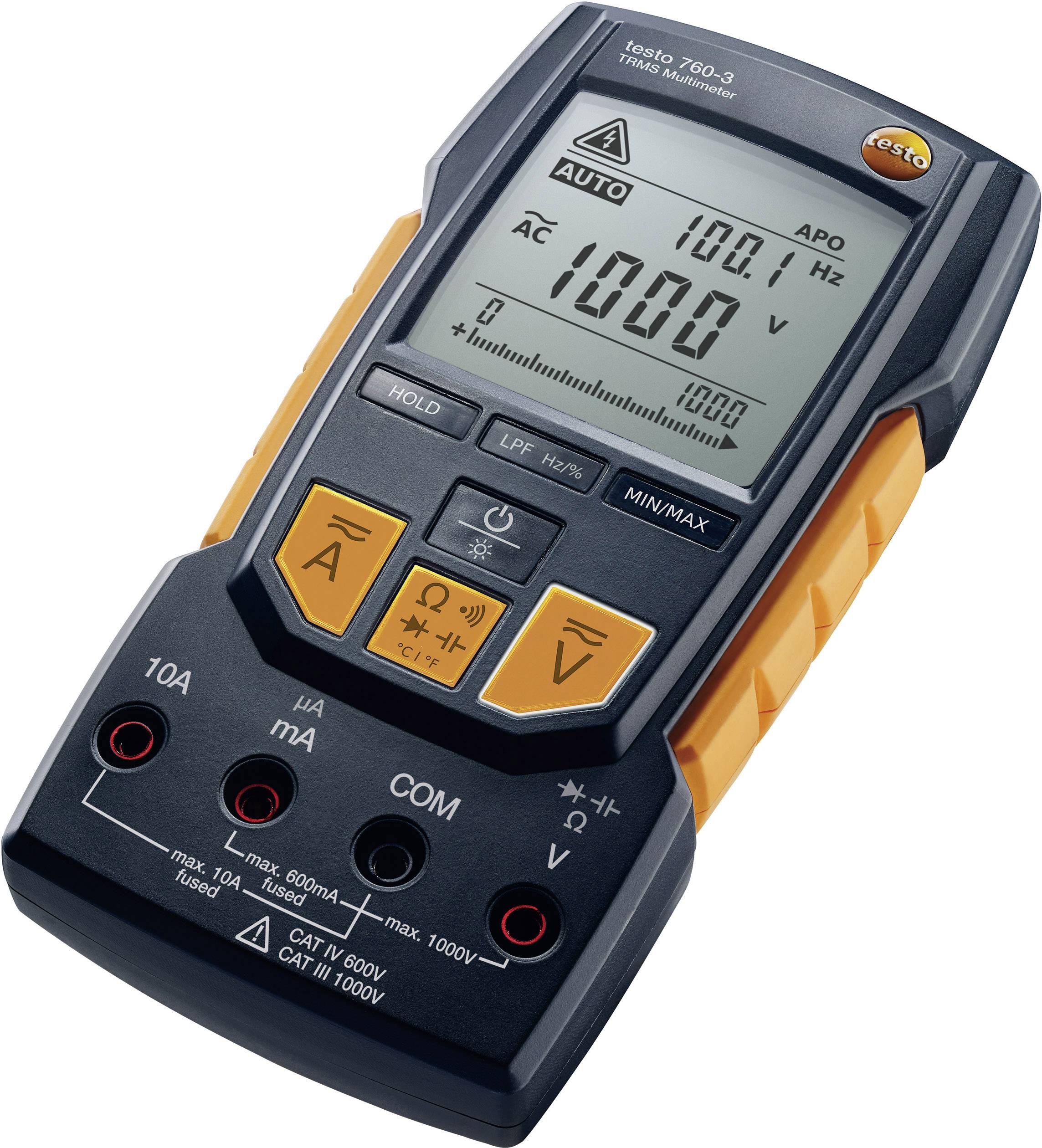 Digitales Multimeter mit Display, zeigt AC-Spannung von 1000 V an. Geräteknöpfe für Funktionen wie Strommessung und Moduswahl.