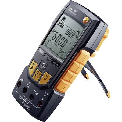 Multimeter mit digitalem Display, zeigt Messung von 600 Volt Wechselstrom. Gerät hat gelbe und schwarze Tasten mit mehreren Funktionen.