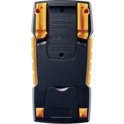Rückansicht eines digitalen Geräts in Schwarz und Orange mit technischen Informationen und Batteriefach.