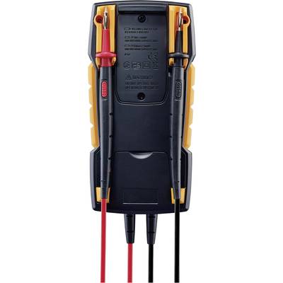 Digitalmultimeter von hinten mit zwei Messleitungen, rot und schwarz, die in dafür vorgesehenen Halterungen fixiert sind.
