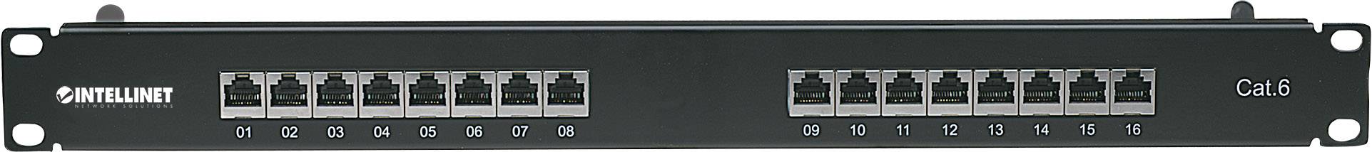 Schwarzes 24-Port Patchpanel mit RJ45-Buchsen für Cat6-Netzwerkkabel, Markenname auf linker Seite, nummerierte Ports darunter.