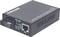 Ein schwarzer Ethernet-Medienkonverter mit Markenlogo und Ports für Glasfaser- und UTP-Verbindungen. Geeignet für Netzwerkdatenübertragung.