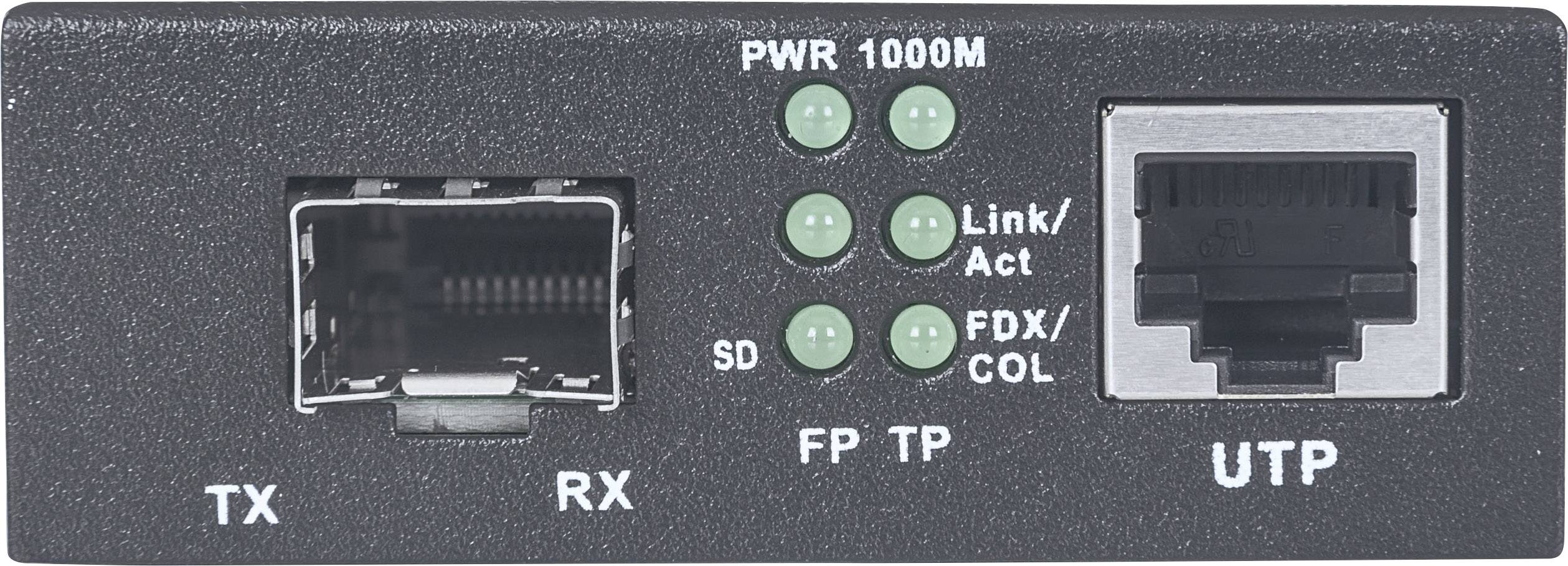 'Netzwerkadapter mit TX-und RX-Ports, PWR-Anzeige für 1000M, SD-Anzeige, FP und TP-Anzeige, Link/Act, FDX/COL-Statusleuchten, UTP-Port.'