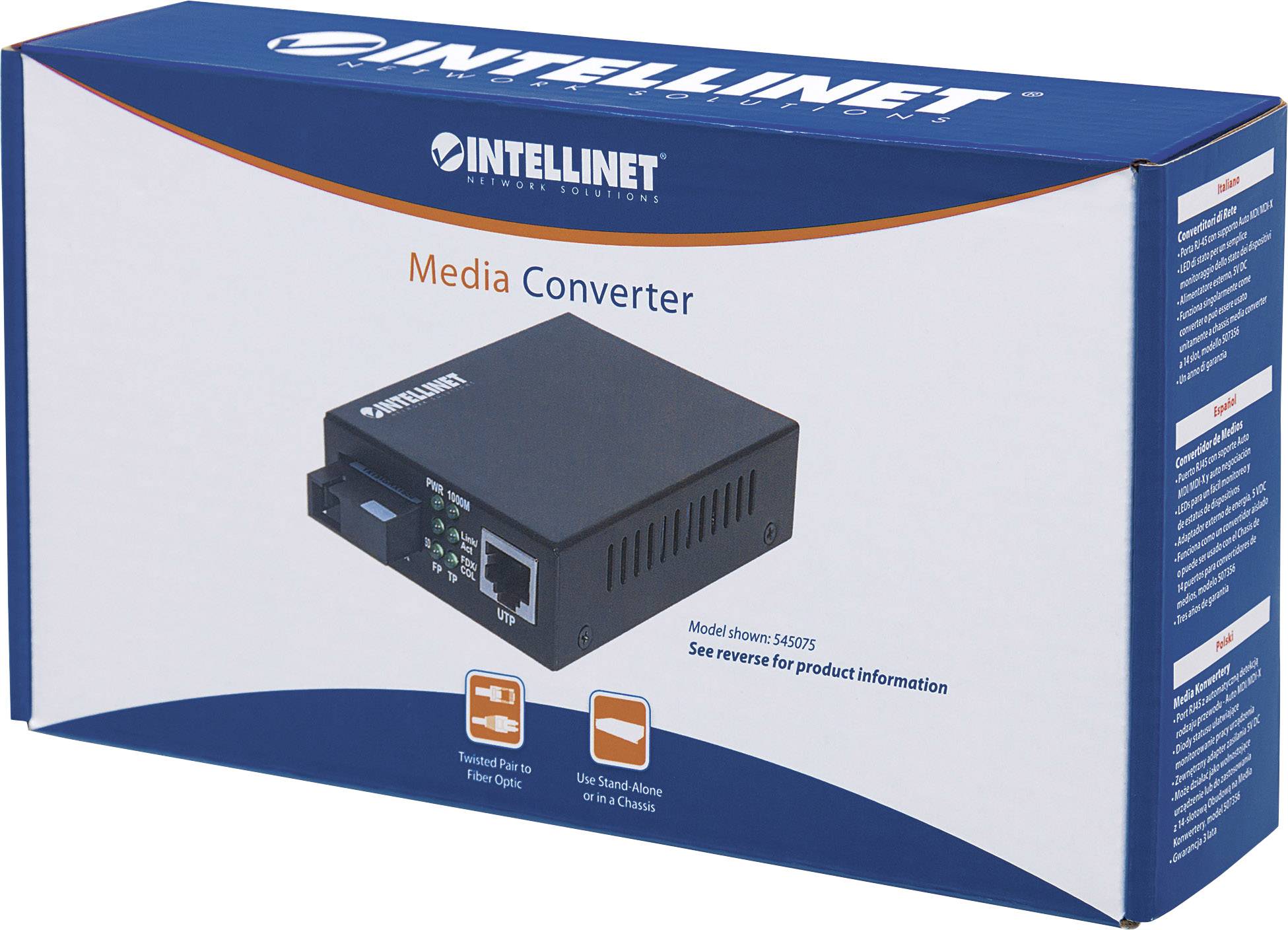 'INTELLINET Media Converter' Produktverpackung mit Bild des Geräts und Hinweis zur Verwendung. Enthält Angaben zu Modell und Funktionen.