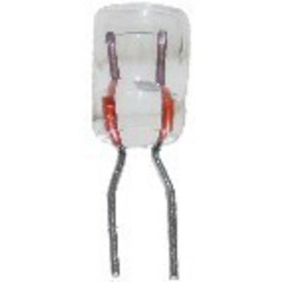 Ein transparenter elektronischer Bauteil mit zwei langen, gebogenen Metallanschlüssen, möglicherweise ein Widerstand oder Diode.