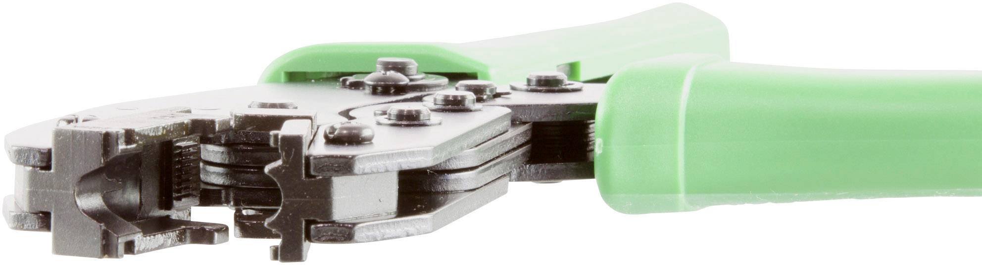 Grüne Crimpzange mit schwarzer Spitze, verwendet zum Befestigen von Kabelverbindungen in der Elektrotechnik.