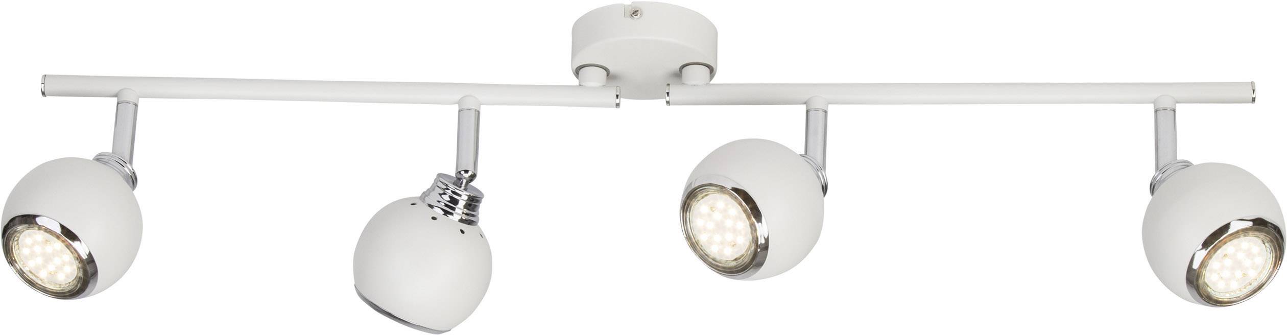 Vierstrahliger weißer Deckenstrahler mit verstellbaren LED-Spots, ideal zur Beleuchtung von Wohnräumen.