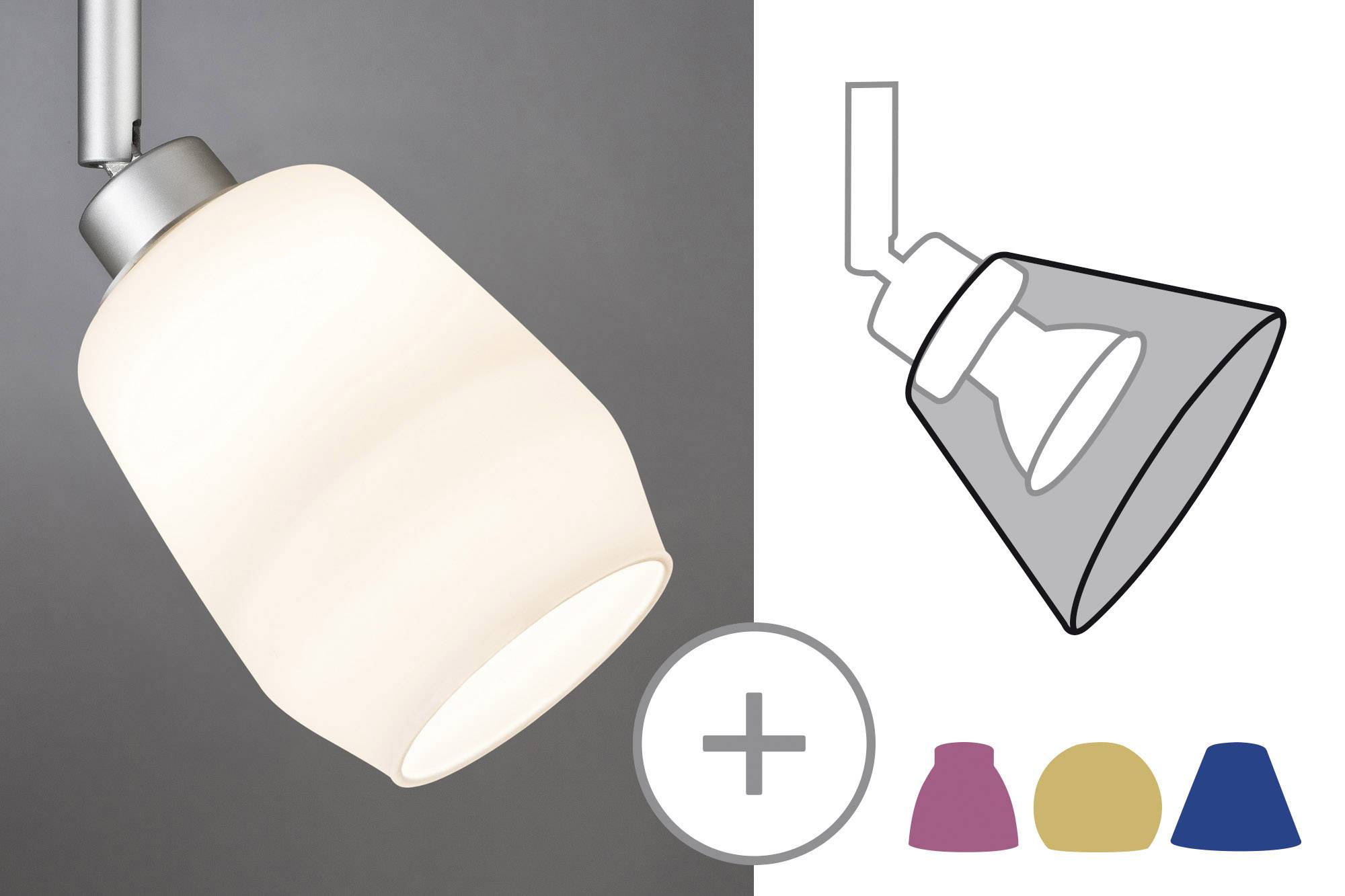 Hängelampe mit weißem Schirm links; rechts Zeichnung der Lampe. Unten farbige Schirme zur Auswahl: Rosa, Gelb, Blau.