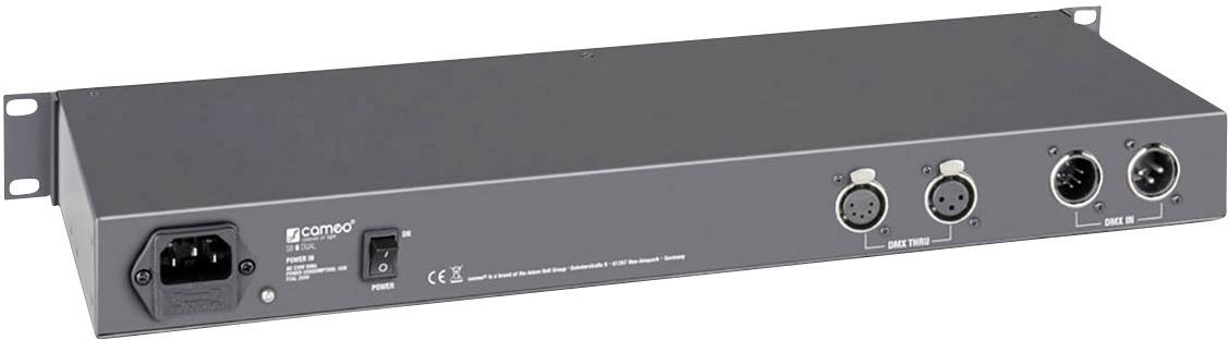 Ein grauer Audioverstärker mit zwei XLR-Eingängen und zwei XLR-Ausgängen, Netzanschluss auf der linken Seite.