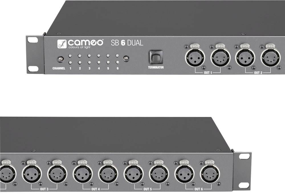 Ein SB 6 Dual Splitter-System mit acht XLR-Anschlüssen, zwei Geräteansichten von vorne und hinten, zur Lichtsteuerung in Bühnenanwendungen.