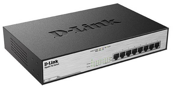 Ein schwarzer 8-Port Netzwerk-Switch von D-Link mit LED-Anzeigen für den Verbindungsstatus befindet sich auf einer weißen Fläche.