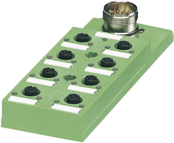 Ein grüner Anschlussblock mit mehreren Schraubklemmen für elektrische Verbindungen. Oben befindet sich ein runder, metallischer Steckverbinder.