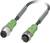 'Grünes 4-poliges M12-Kabel mit Schraubanschlüssen, männlicher und weiblicher Stecker, zur Verbindung industrieller Geräte.'