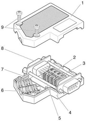 'Explosionszeichnung eines elektrischen Steckverbinders, nummerierte Teile: 1. Gehäuse, 2. Kontakte, 3. Schrauben, 4. Abdeckung, 5-9. Verschiedene Komponenten.'