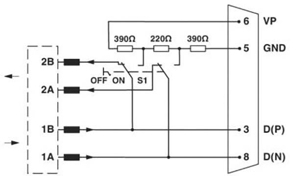 'Elektronisches Schaltbild: Zeigt eine Schaltung mit Widerständen von 390Ω und 220Ω, verbunden mit verschiedenen Pins 1A, 1B, 2A, 2B.'