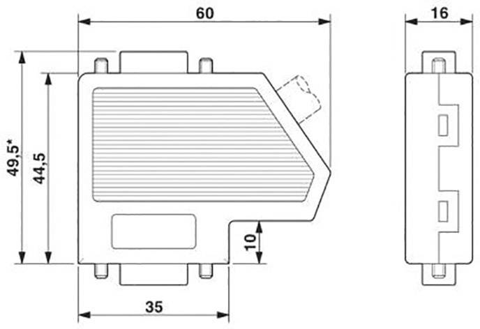 Technische Zeichnung eines rechteckigen Bauteils mit Maßen: 60 mm Länge, 49,5 mm Höhe, 16 mm Breite. Zeigt Anschlüsse und Öffnungen.