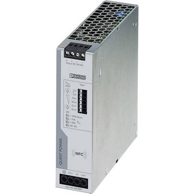 Ein industrielles Netzteil von Phoenix Contact mit NFC-Option, liefert 24V DC bei 5A. Gehäuse aus Metall mit Lüftungsschlitzen.