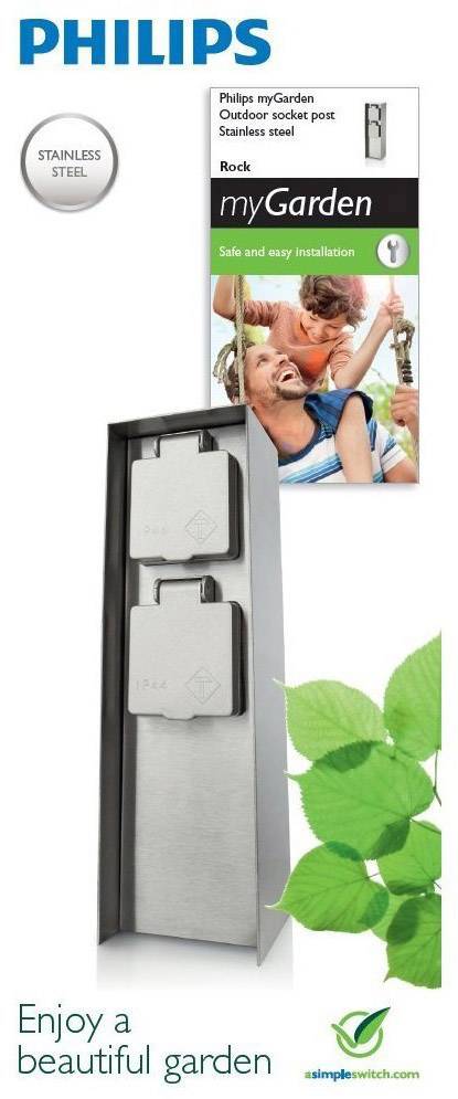 Philips Edelstahl-Außensteckdose 'myGarden' mit Bild von Familie im Garten. Fördert einfache Installation und Gartenverschönerung.