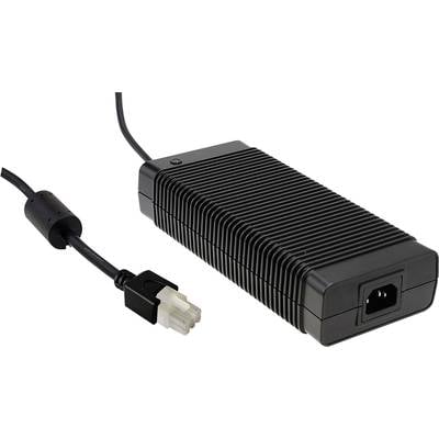 Schwarzes Netzteil mit gerippter Oberfläche und Kabel, das einen sechspoligen Stecker hat. Es dient zur Stromversorgung elektronischer Geräte.