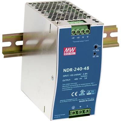 Industrienetzteil von MEAN WELL, Modell NDR-240-48, montiert auf einer DIN-Schiene. Eingang: 100-240VAC; Ausgang: 48V, 5A.