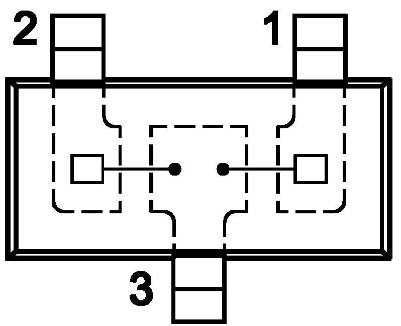 'Diagramm eines elektronischen Schaltplans mit drei nummerierten Anschlüssen. Die Anschlüsse sind durch gestrichelte Linien verbunden.'