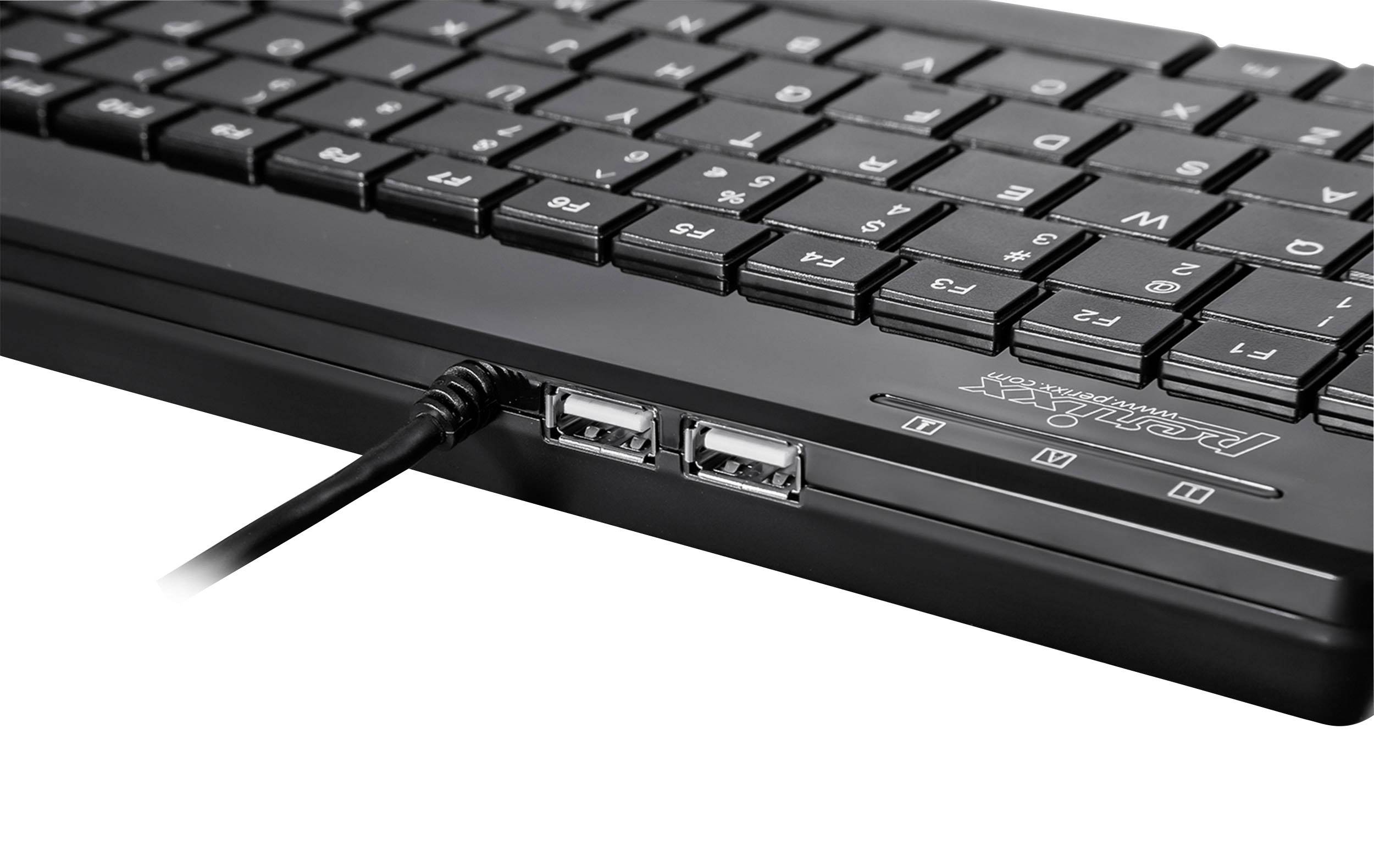 Schwarze Computertastatur mit USB-Anschlüssen an der Seite, zeigt Verbindungsmöglichkeiten für zusätzliche Geräte.