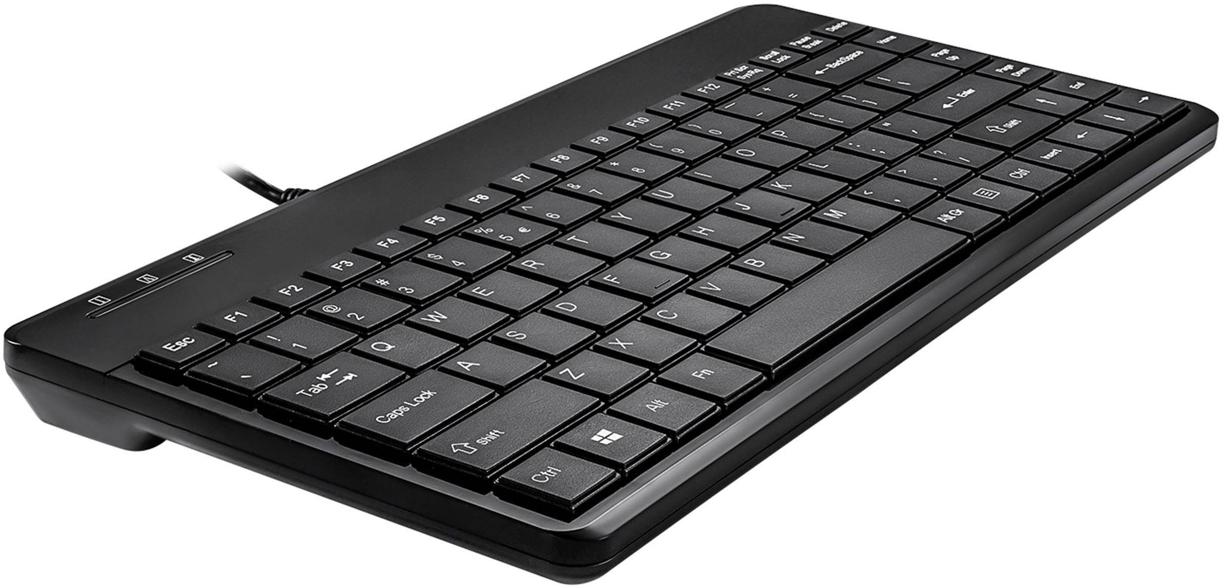 Schwarze, kabelgebundene Tastatur mit flachem Design und kompaktem Layout. Ideal für platzsparende Arbeitsumgebungen.