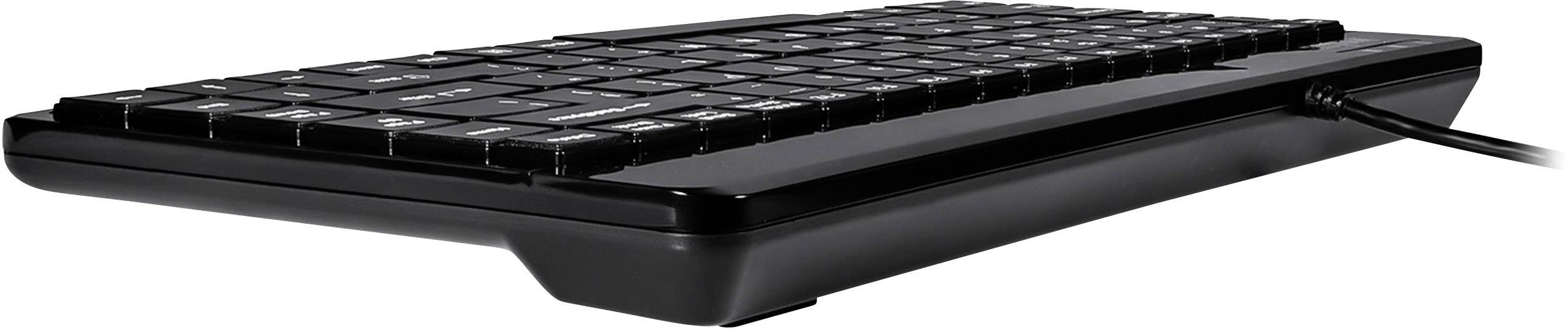 Schwarze Computertastatur mit Kabel, Ansicht leicht von der Seite. Flaches Design, typische QWERTZ-Anordnung.