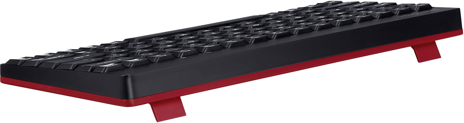 Schwarze Computertastatur mit rotem Streifen an der Unterseite, seitlich geneigt, zeigt Tastenanordnung und Design.