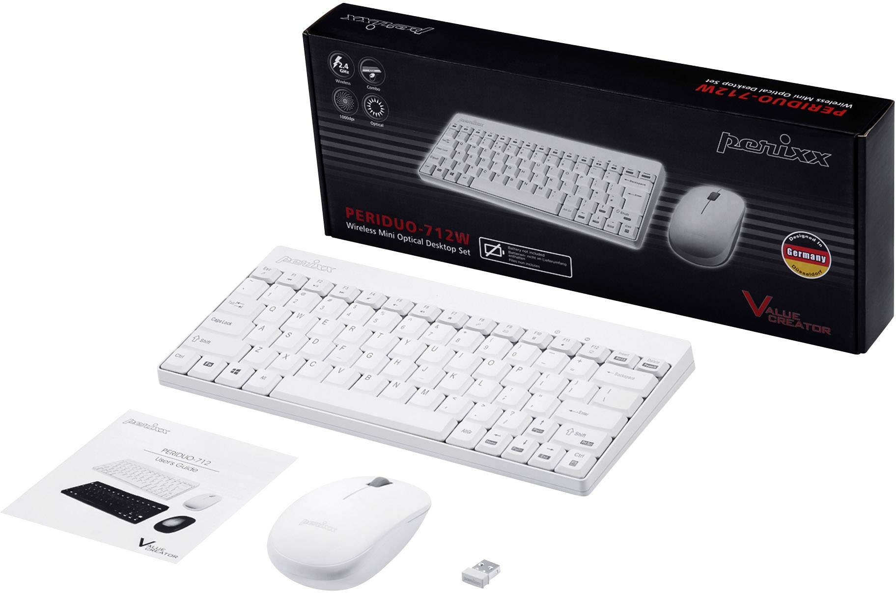 Kabellose weiße Tastatur und Maus-Set, Modell 'Periduo-712W', mit deutscher Layout-Ausrichtung. Verpackung im Hintergrund gezeigt.
