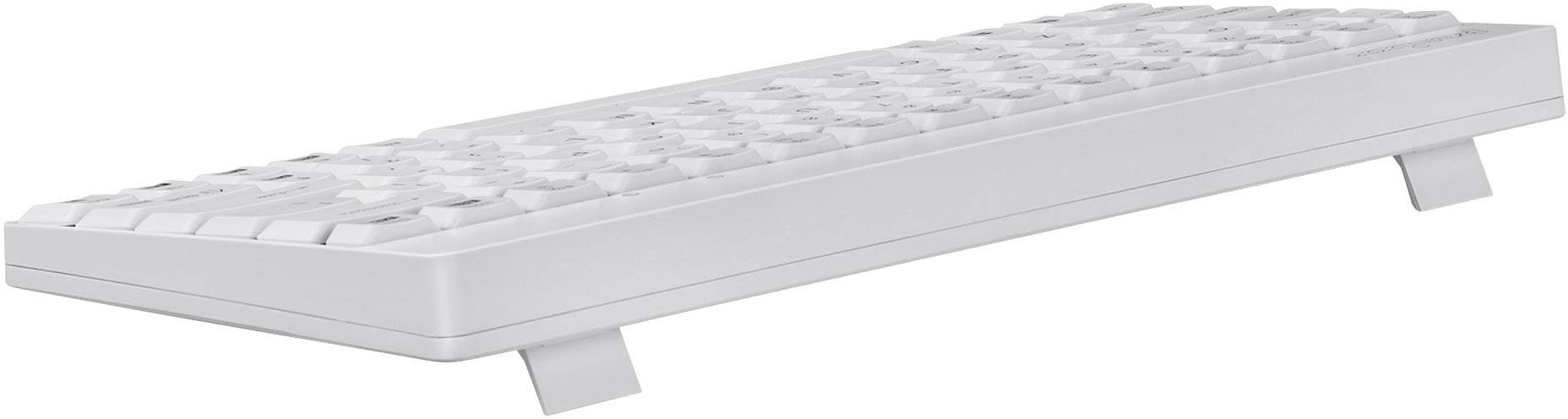 Die Abbildung zeigt eine flache, abgewinkelte Tastatur mit ausgeklappten Standfüßen. Sie ist weiß und hat ein rechteckiges Design.