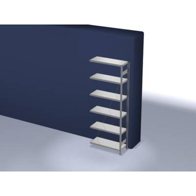 Ein schmaler, weißer Regalständer mit sechs Regalböden steht an einer dunkelblauen Wand. Keine Gegenstände sind auf den Regalen.